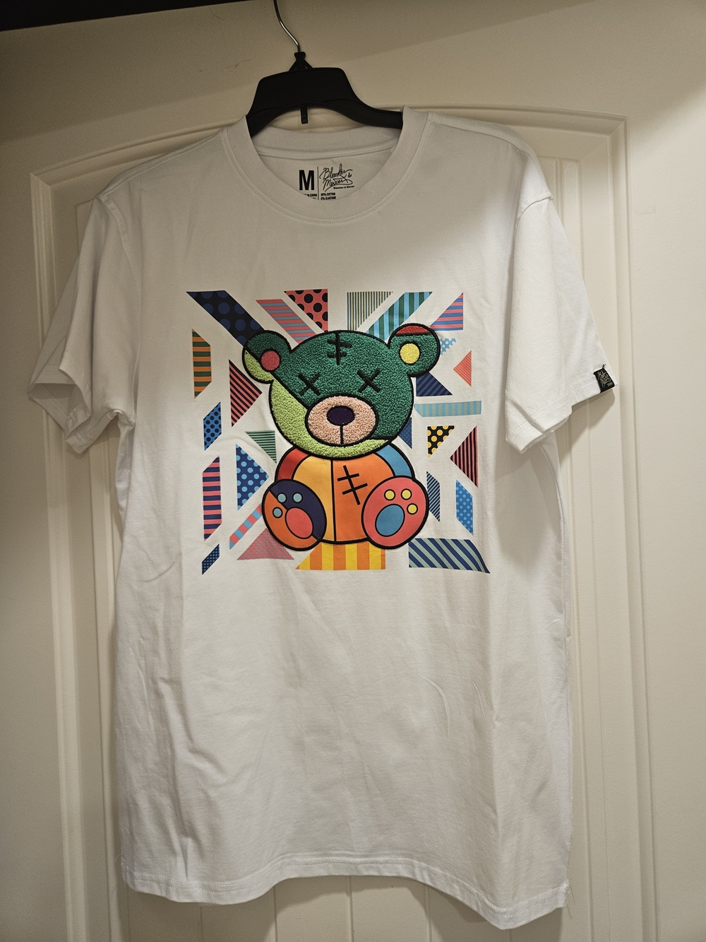 White Graphic Tee with Colorful Texture Teddy Bear